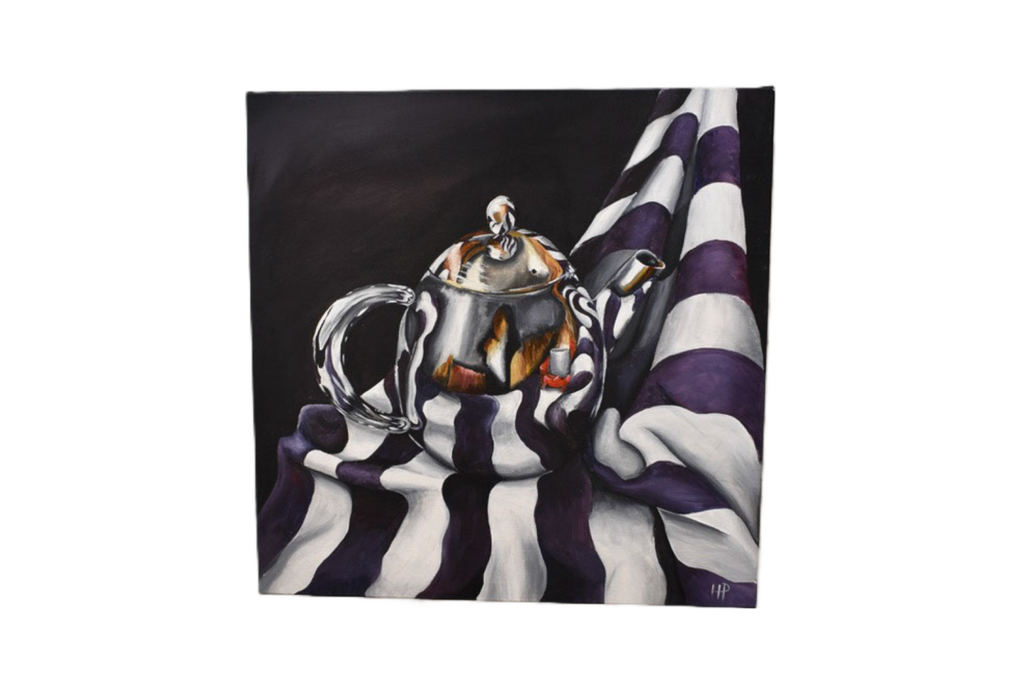 Painting of a teapot on a striped cloth against a dark background
