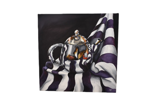 Painting of a teapot on a striped cloth against a dark background