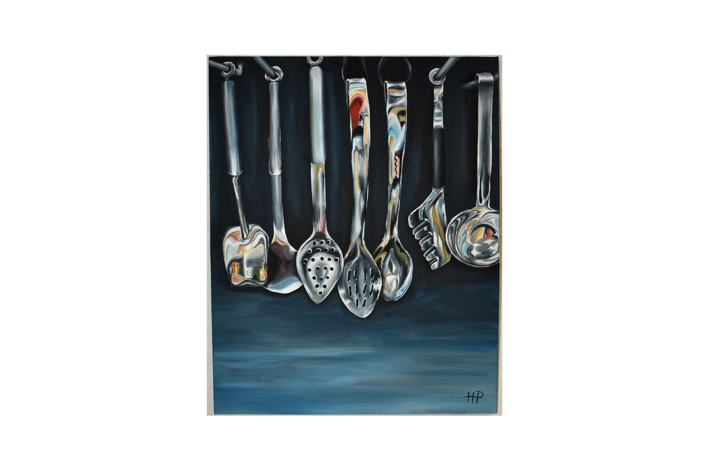 Painting of kitchen utensils hanging against a blue gradient background
