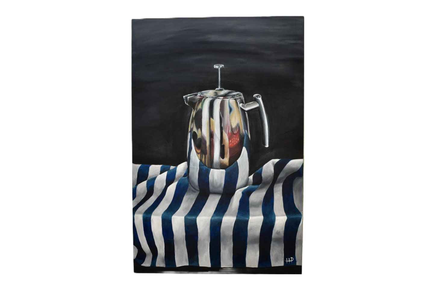 Painting of a coffee pot on a striped cloth against a dark background