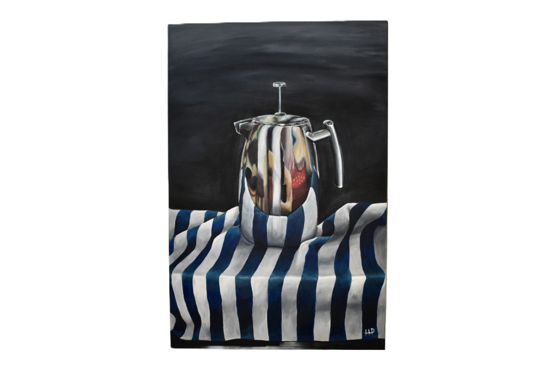 Painting of a coffee pot on a striped cloth against a dark background