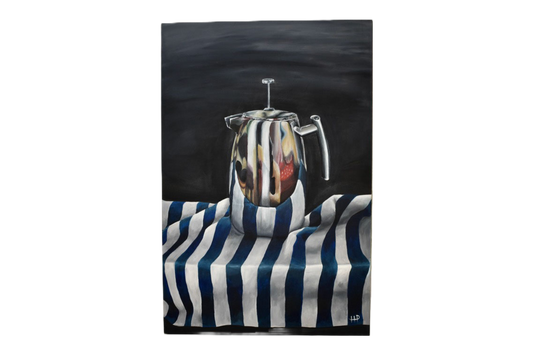 Painting of a coffee pot on a striped cloth against a dark background